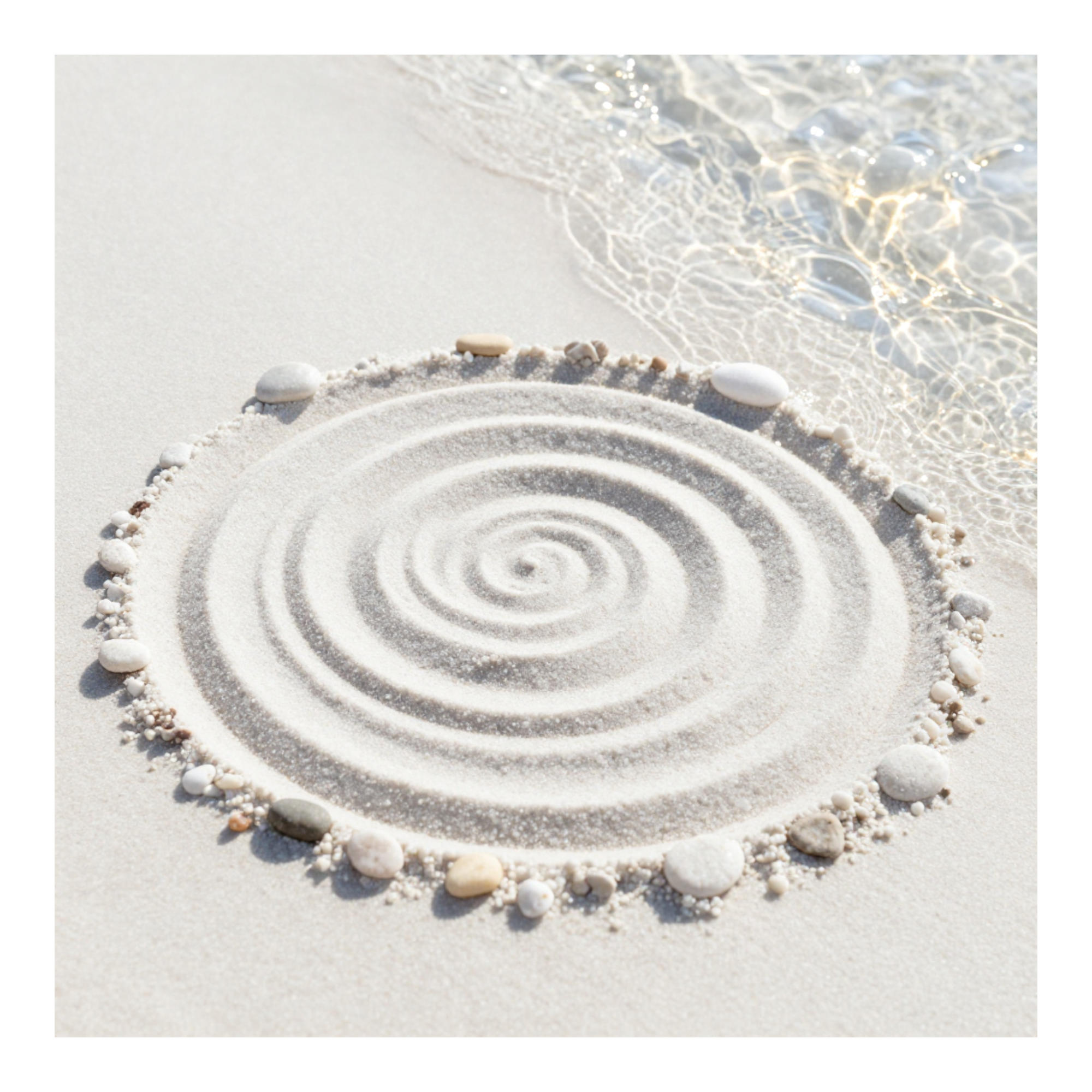 A circle of stones and pebbles enclosing a spiral of sand, representing internal parts work, self-reflection, and relationship counselling in Blandford.
